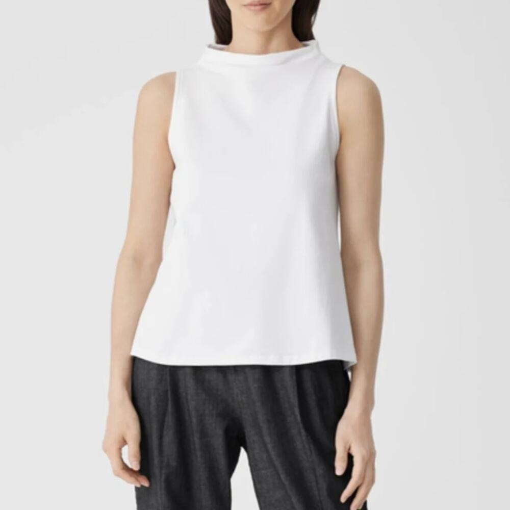 Eileen Fisher Women's XL White Cotton Stretch Jersey Funnel Neck Tank Top B23-3